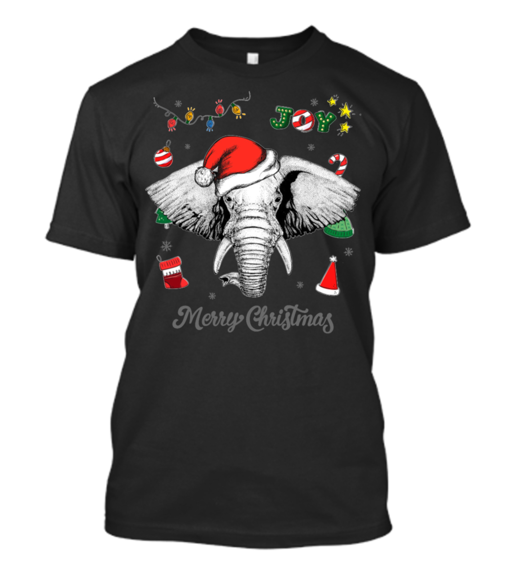 Merry Christmas Elephant Joy Santa Hat Candy Cane T-Shirt