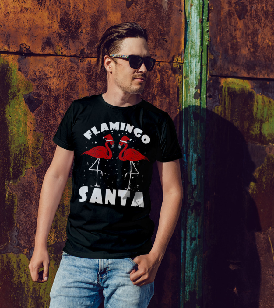 Flamingo Santa Christmas Snow Holiday Scene T-Shirt