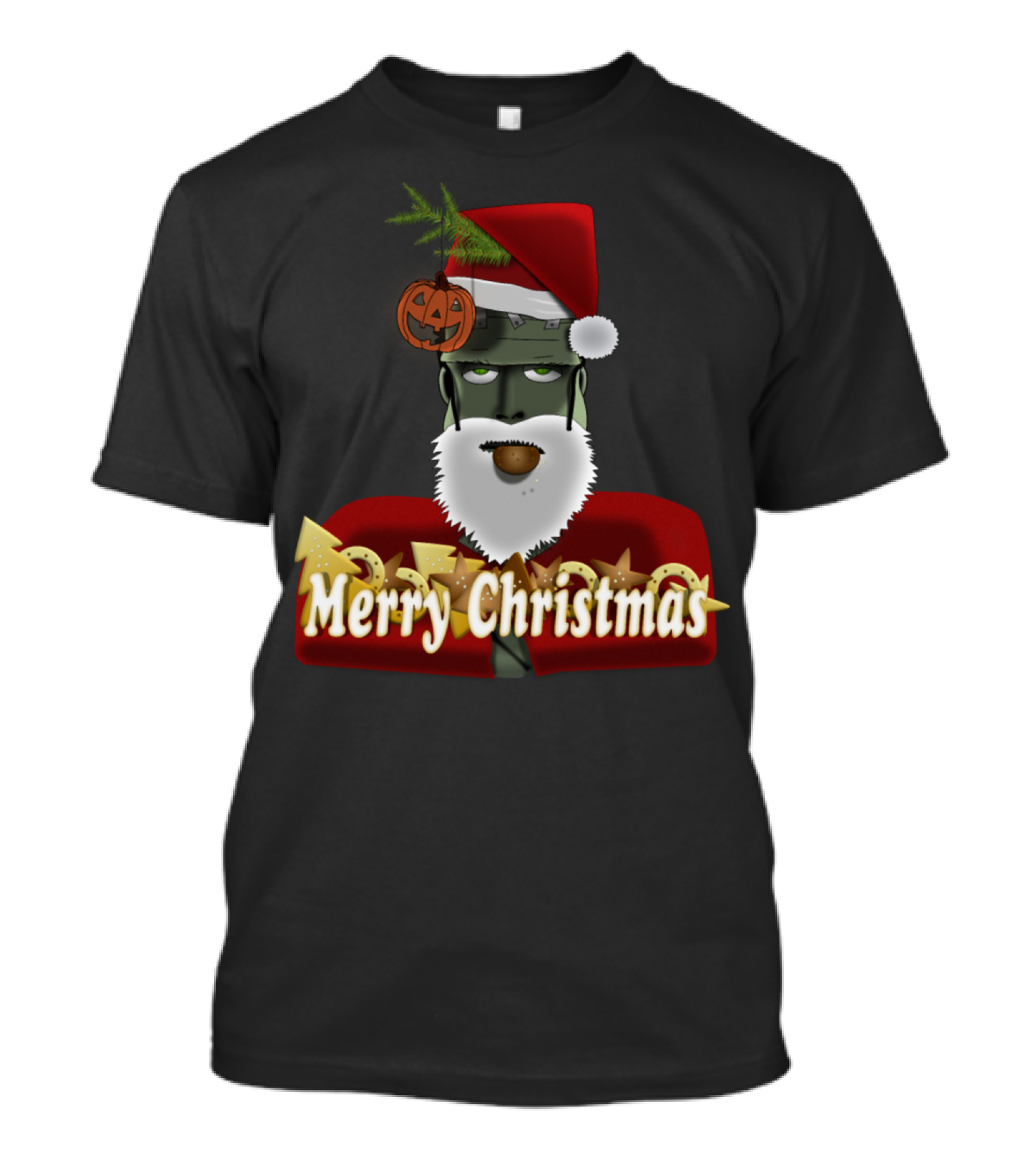 Merry Christmas Frankenstein Santa With Pumpkin Hat T-Shirt
