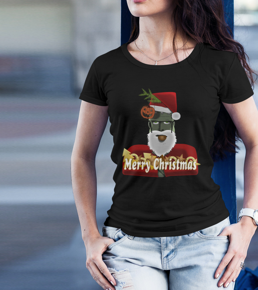 Merry Christmas Frankenstein Santa With Pumpkin Hat T-Shirt
