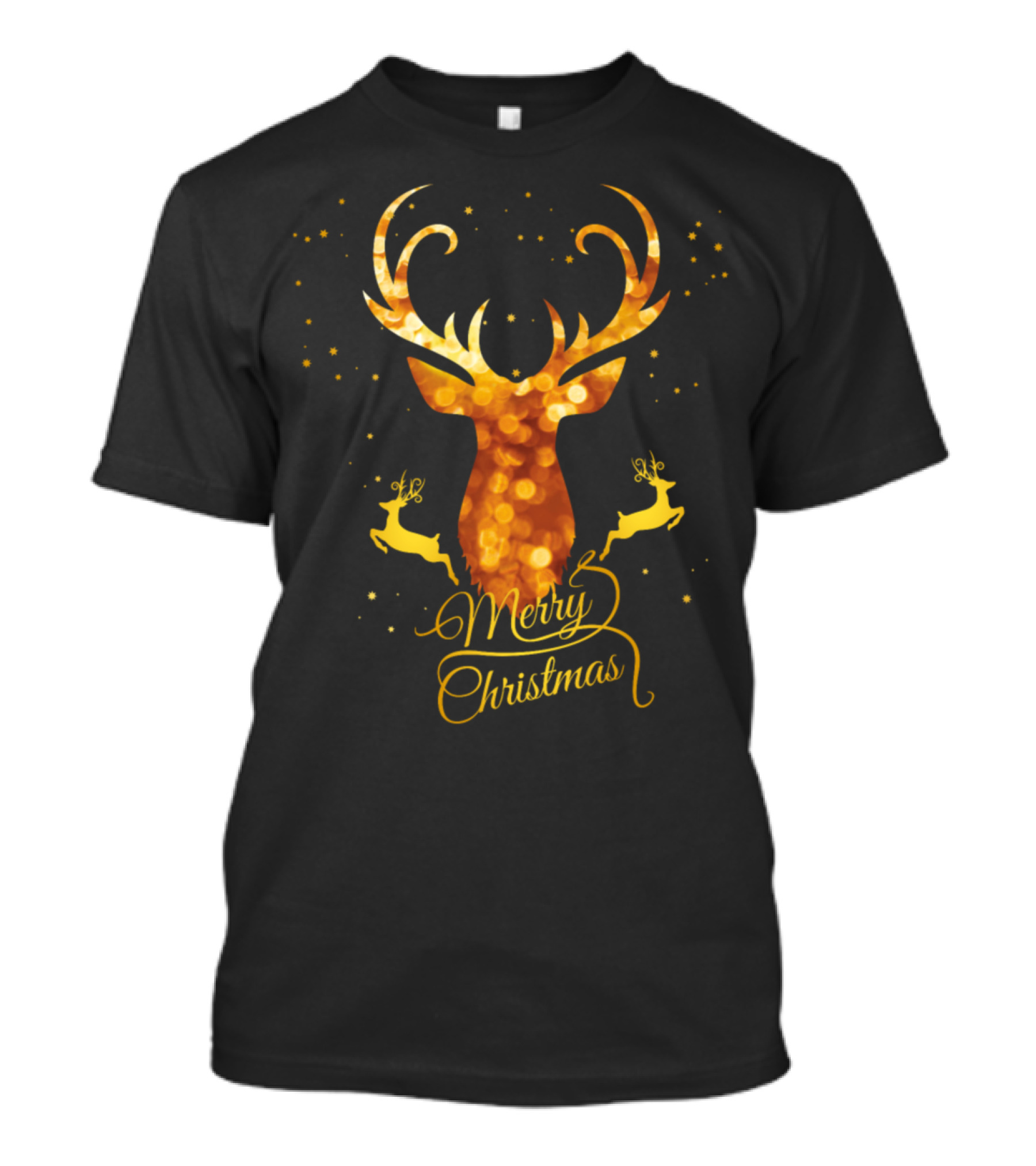 Merry Christmas Gold Antler Deer With Glittering Reindeer And Stars T-Shirt