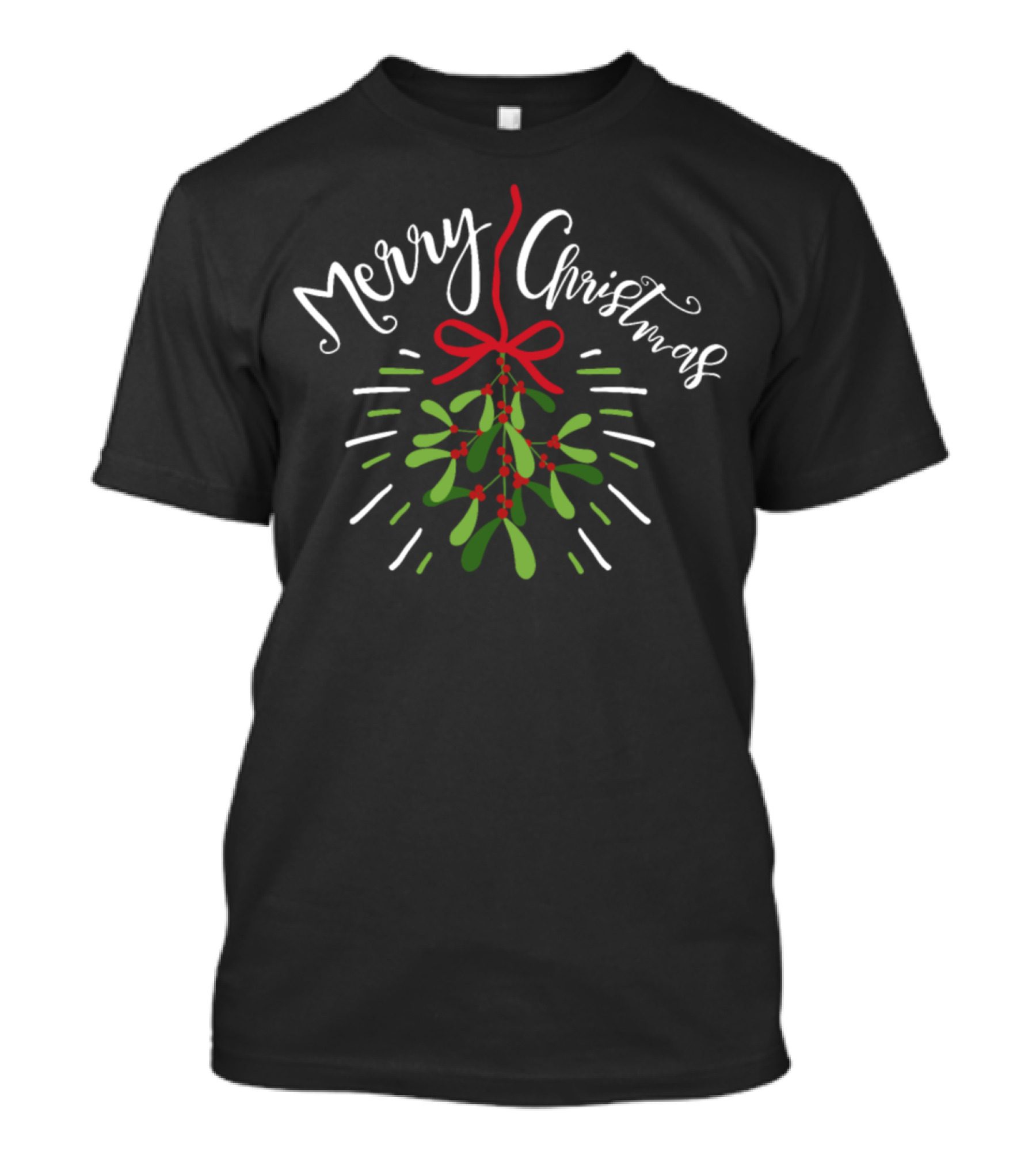 Merry Christmas Hanging Mistletoe With Red Bow And Green Leaves T-Shirt
