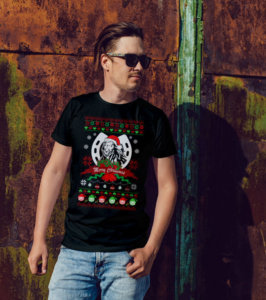 Merry Christmas Horse Lover Festive Santa Hat Horse And Horseshoe Holiday T-Shirt