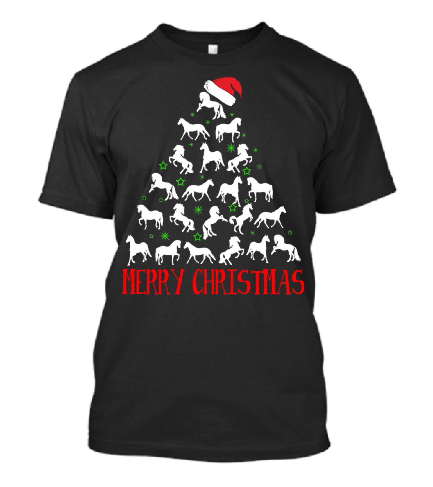 Merry Christmas Horses Cartoon Gorgeous Santa Hat Tree T-Shirt