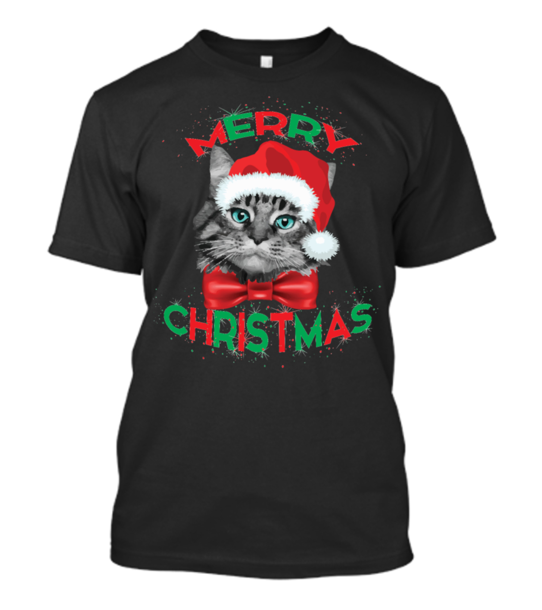 Merry Christmas Cat Santa Hat Red Bow Tie Kitty T-Shirt