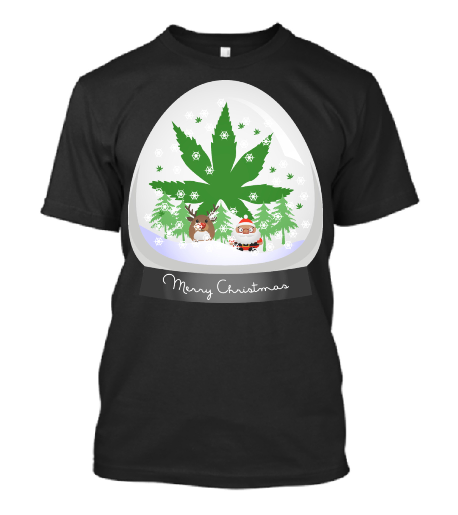 Merry Christmas Marijuana Leaf Snow Globe Santa And Rudolph T-Shirt