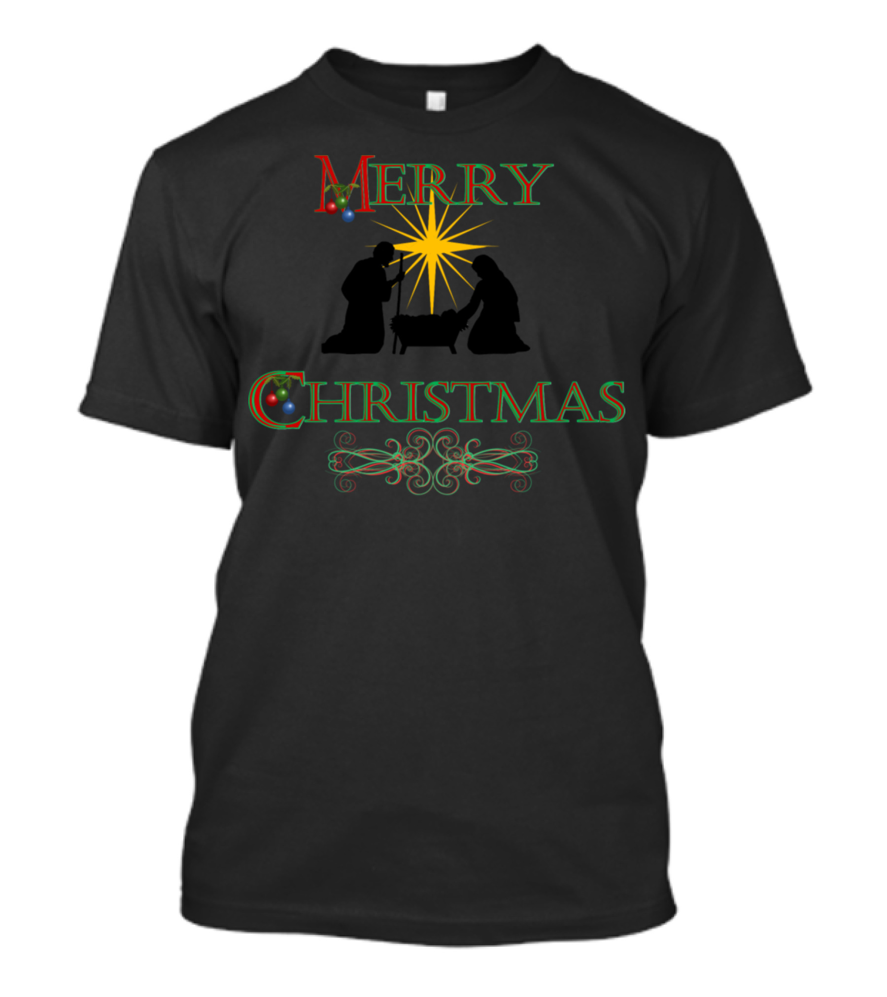 Merry Christmas Nativity Silhouette And Star With Ornaments T-Shirt
