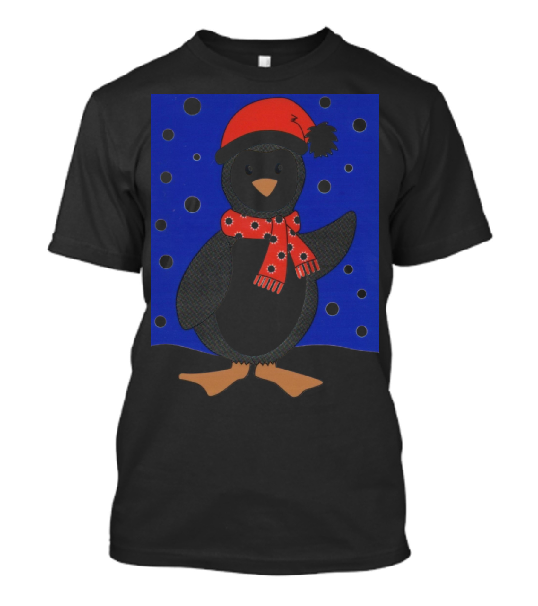 Merry Christmas Penguin With Red Santa Hat And Scarf In Starry Night Scene T-Shirt