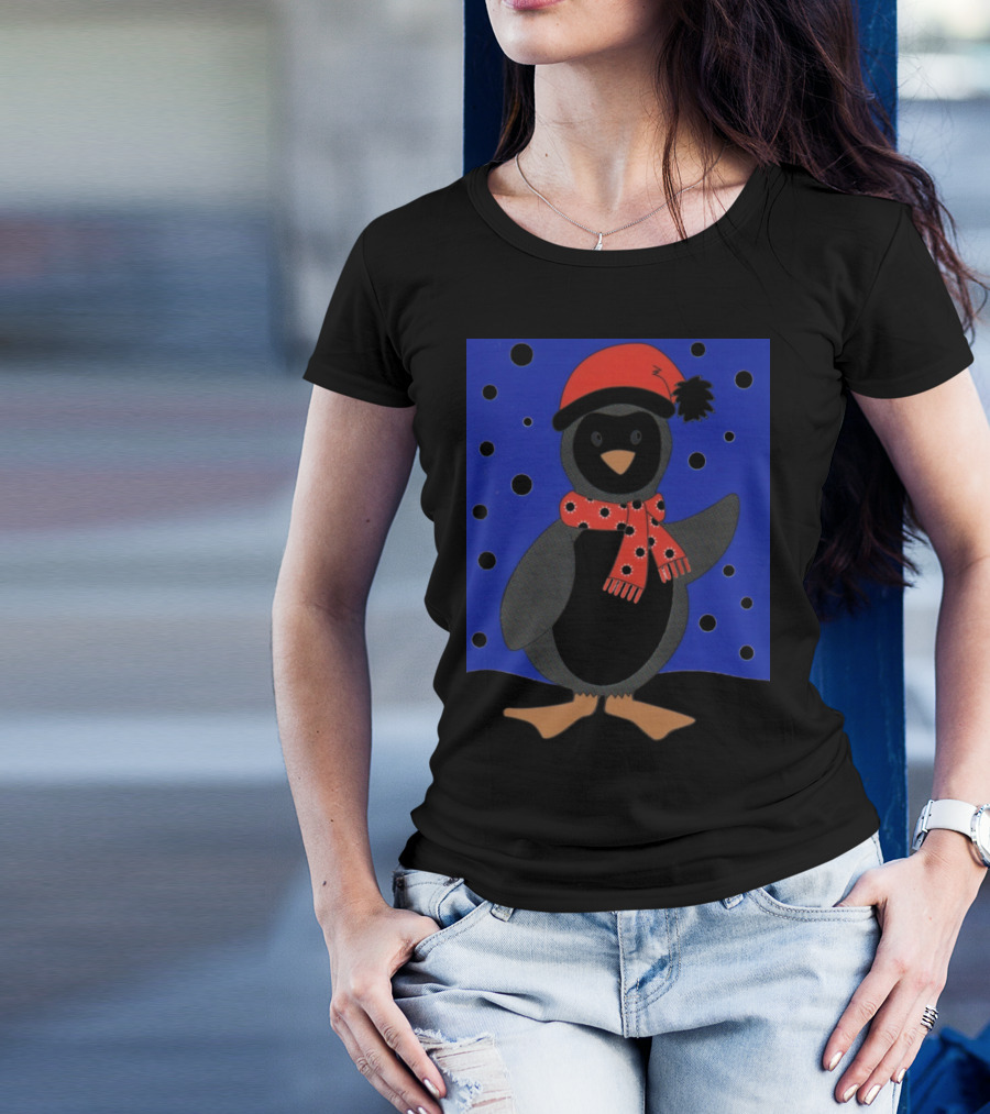 Merry Christmas Penguin With Red Santa Hat And Scarf In Starry Night Scene T-Shirt