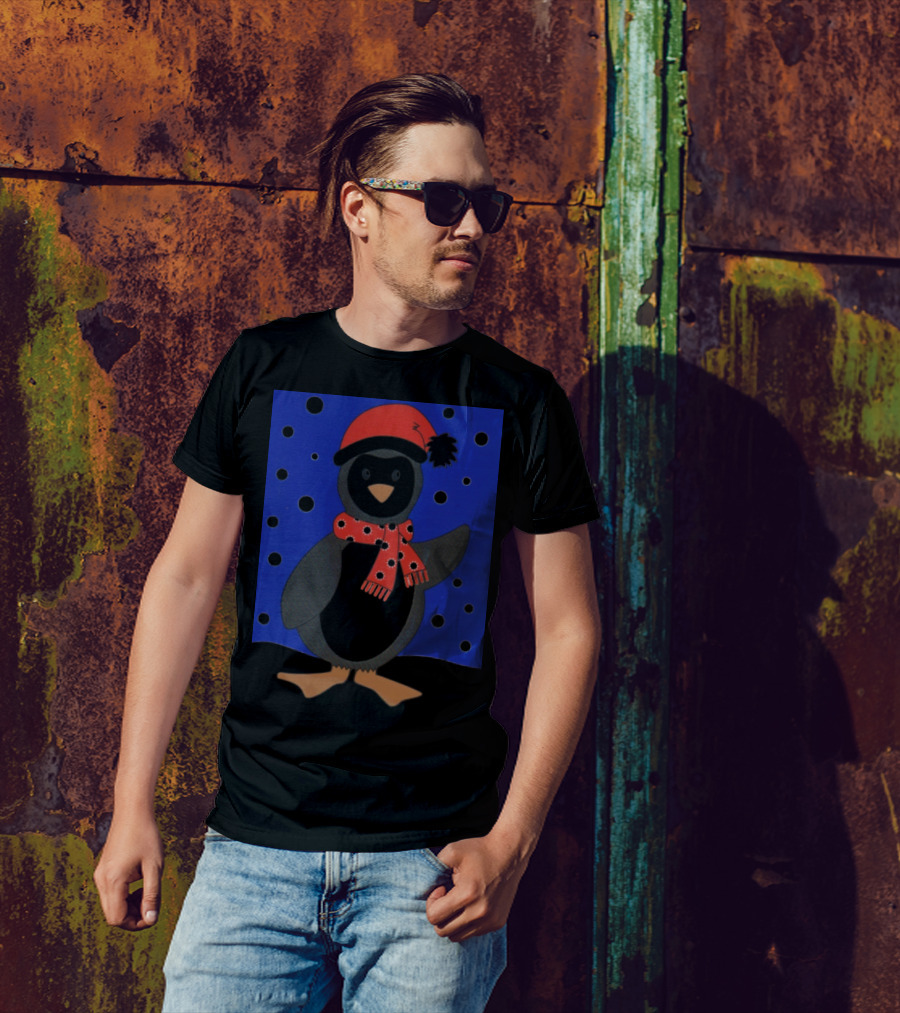 Merry Christmas Penguin With Red Santa Hat And Scarf In Starry Night Scene T-Shirt