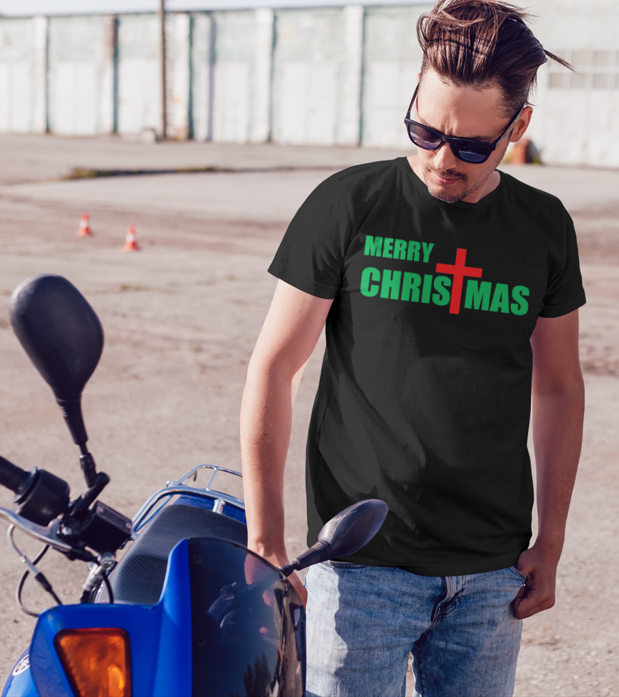 Merry Christmas Red Cross Christian Religious Holiday T-Shirt
