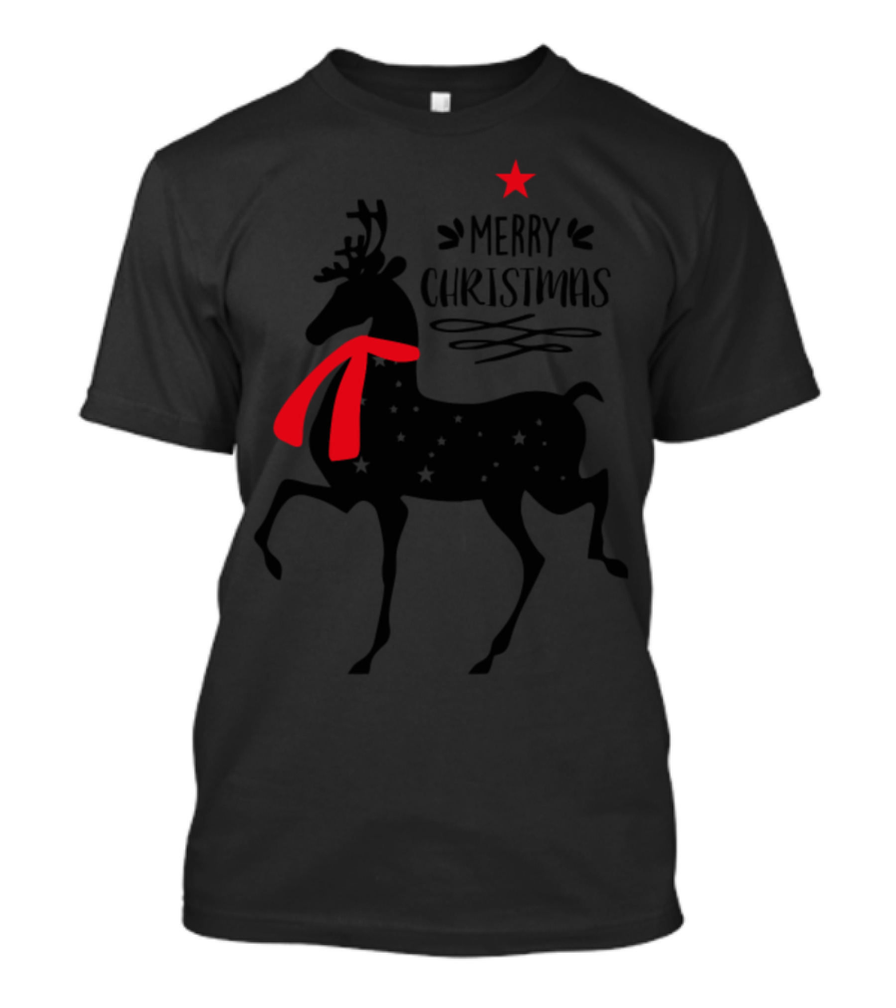 Merry Christmas Reindeer Silhouette With Red Scarf And Star T-Shirt