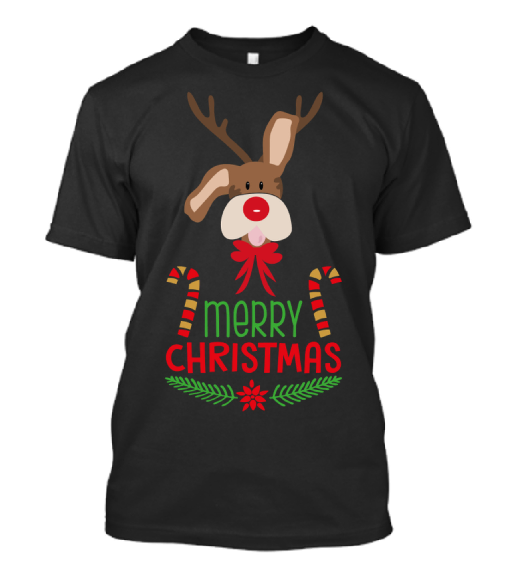 Merry Christmas Rudolph Reindeer With Candy Canes And Poinsettia T-Shirt