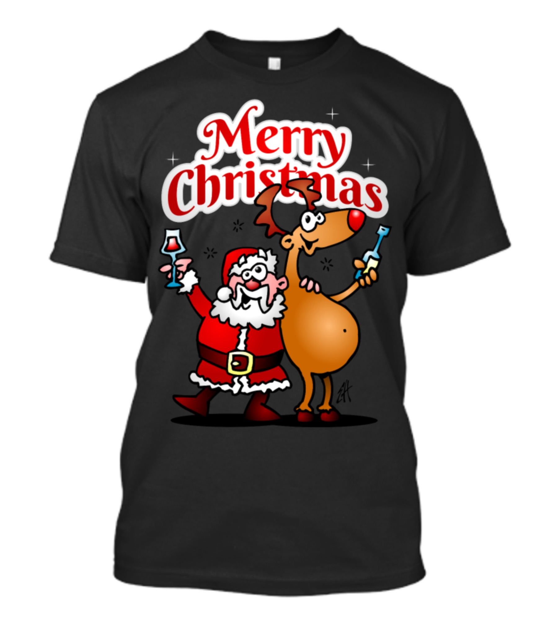 Merry Christmas Santa Claus With Reindeer Holding Wine T-Shirt