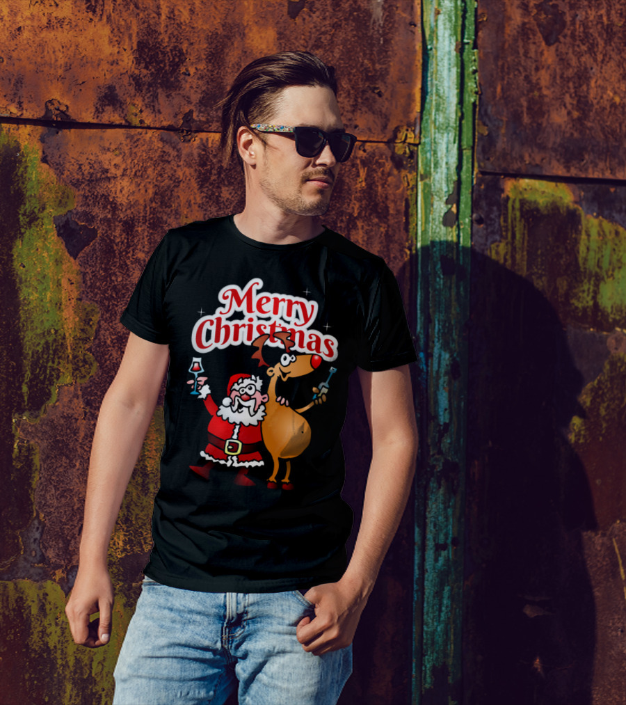 Merry Christmas Santa Claus With Reindeer Holding Wine T-Shirt