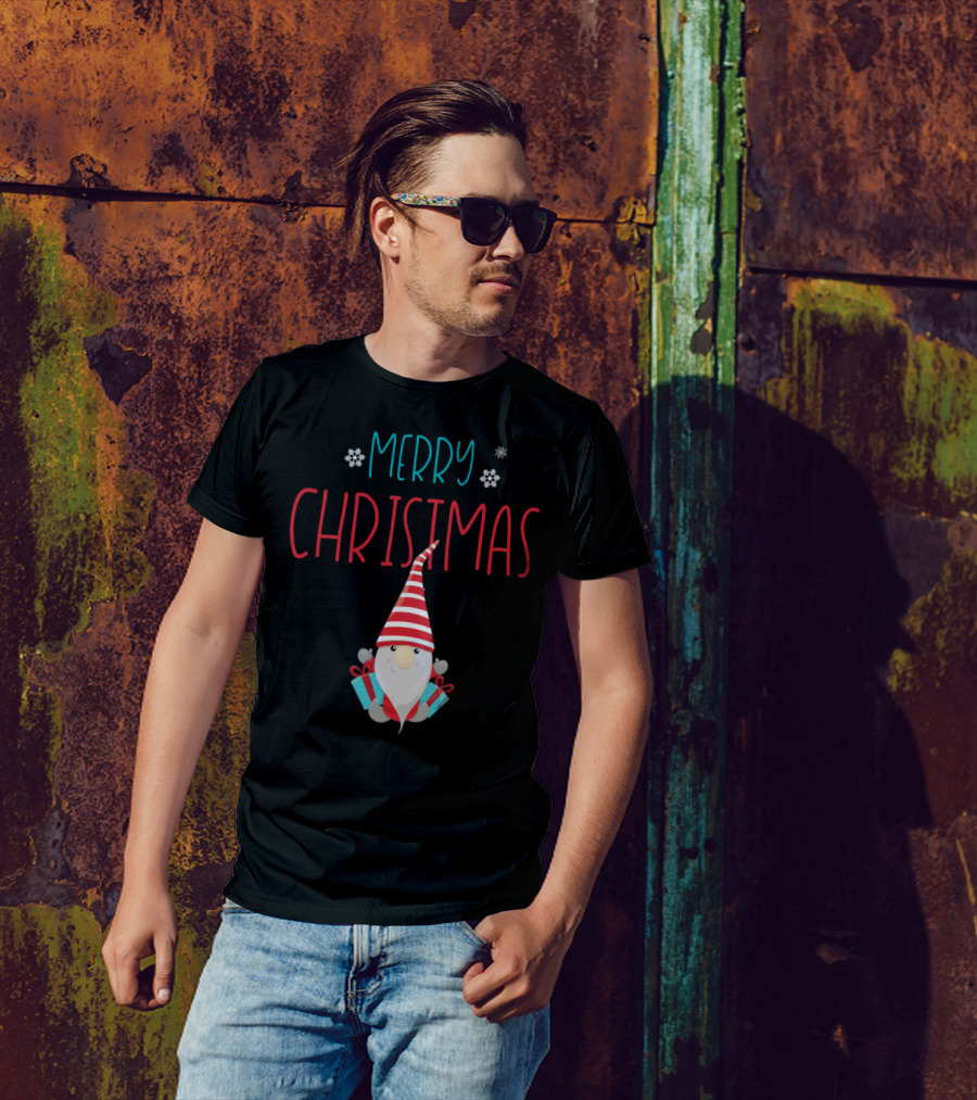 Merry Christmas Santa Dwarf With Gifts And Striped Hat T-Shirt