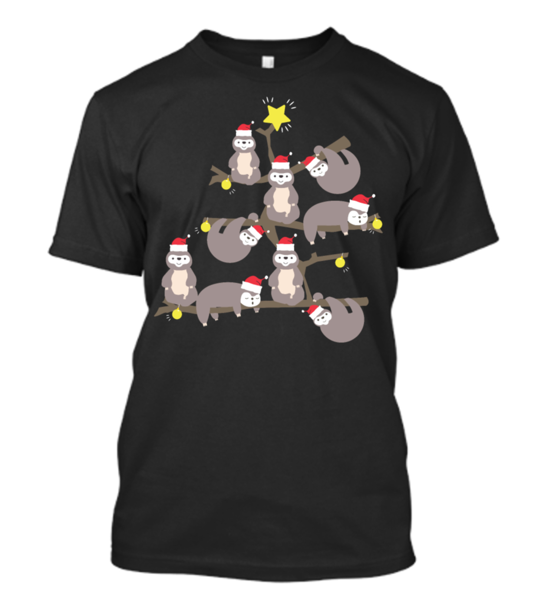 Merry Christmas Sloth Tree With Santa Hats And Stars T-Shirt