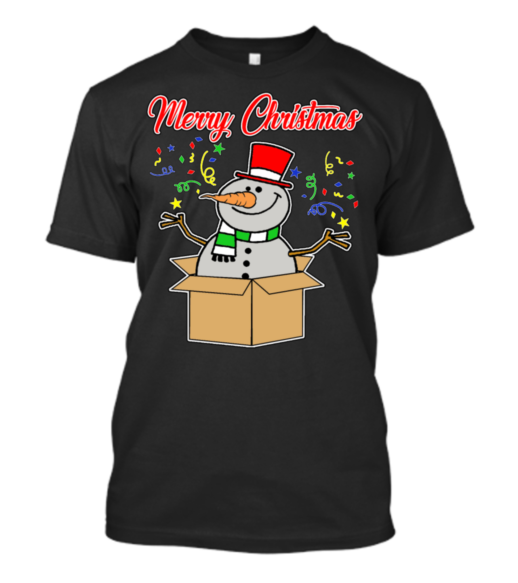 Merry Christmas Snowman In Box With Top Hat And Confetti T-Shirt