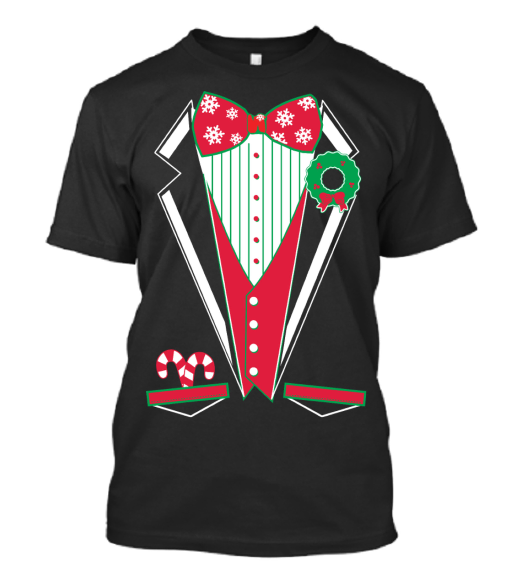 Merry Christmas Tuxedo Green Snowflake Bowtie Candy Cane Wreath T-Shirt