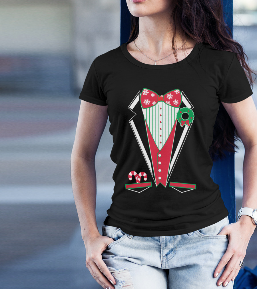 Merry Christmas Tuxedo Green Snowflake Bowtie Candy Cane Wreath T-Shirt