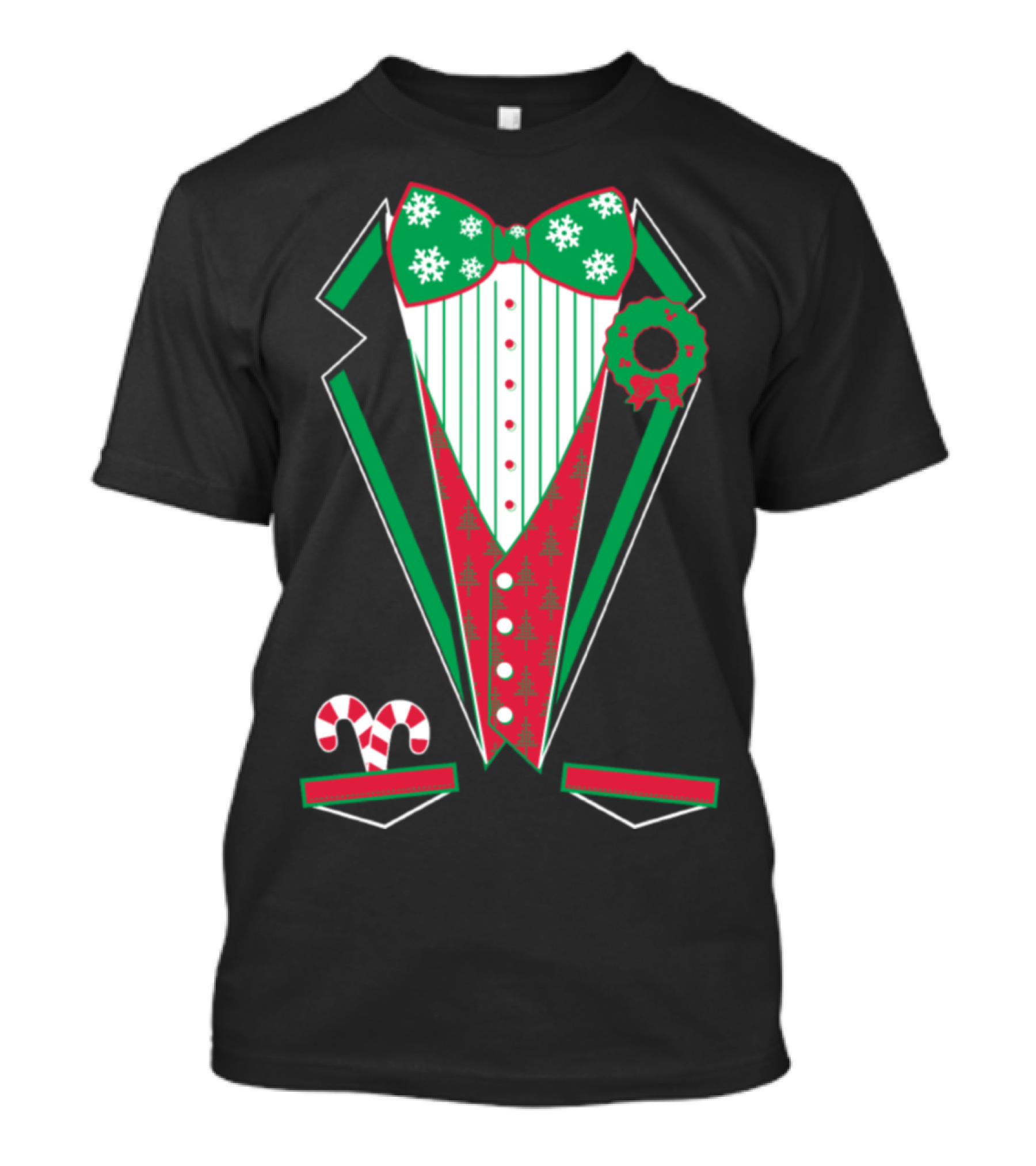 Merry Christmas Tuxedo Red Festive Bowtie Snowflakes Wreath Candy Canes T-Shirt