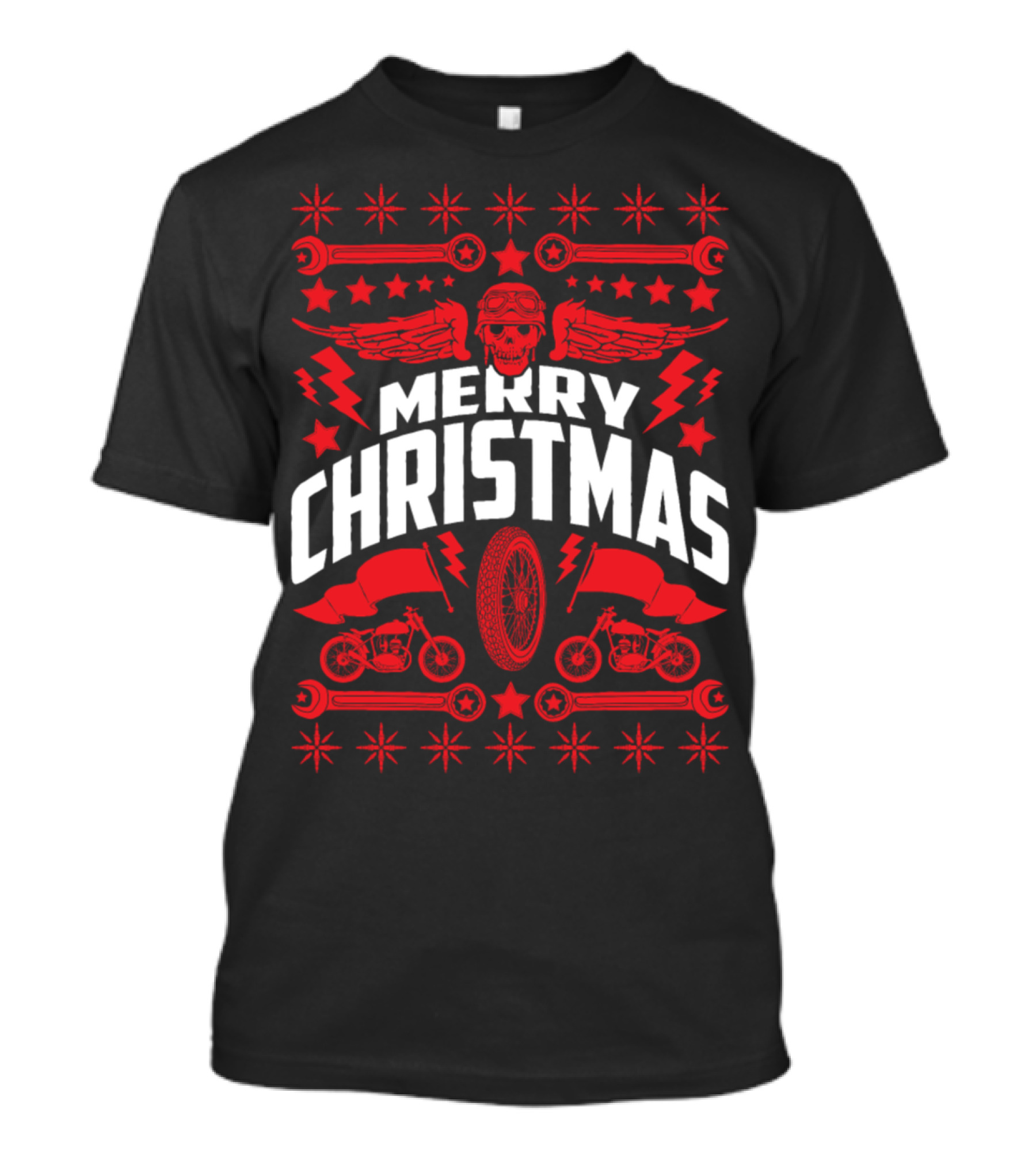 Merry Christmas Skull Wings Motorcycles Wrench Stars Holiday T-Shirt