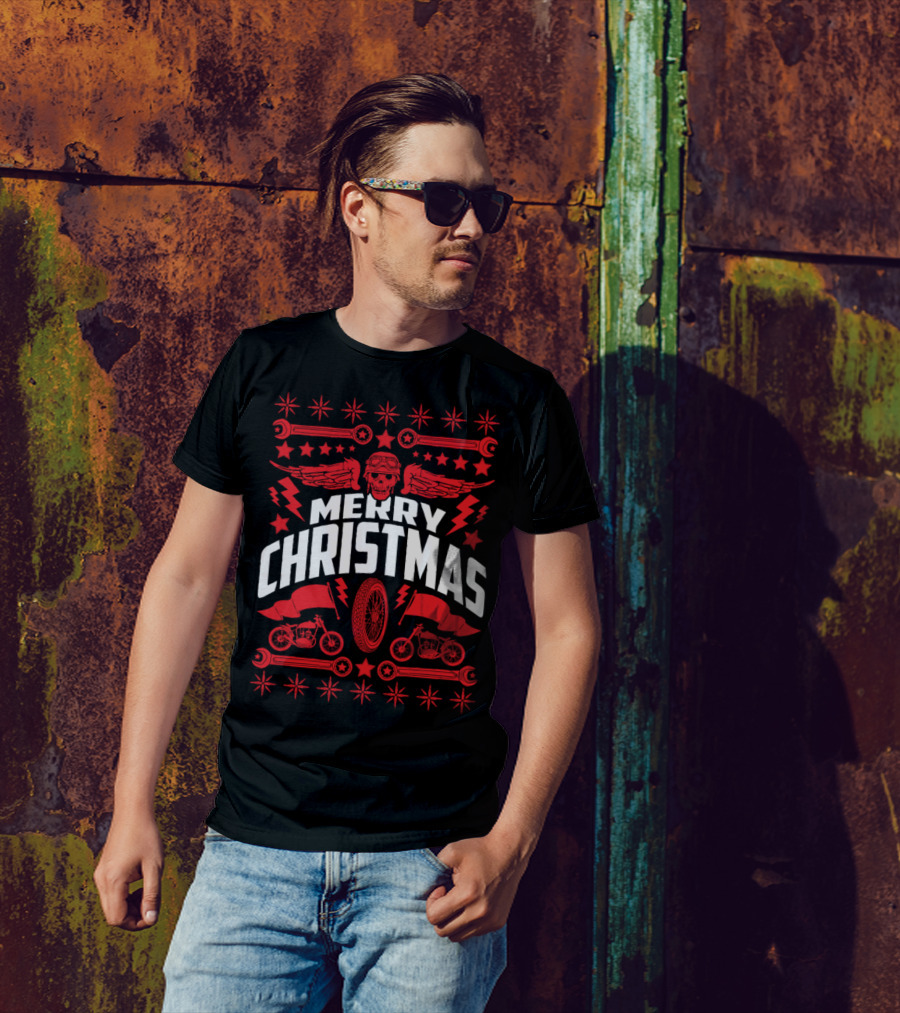 Merry Christmas Skull Wings Motorcycles Wrench Stars Holiday T-Shirt