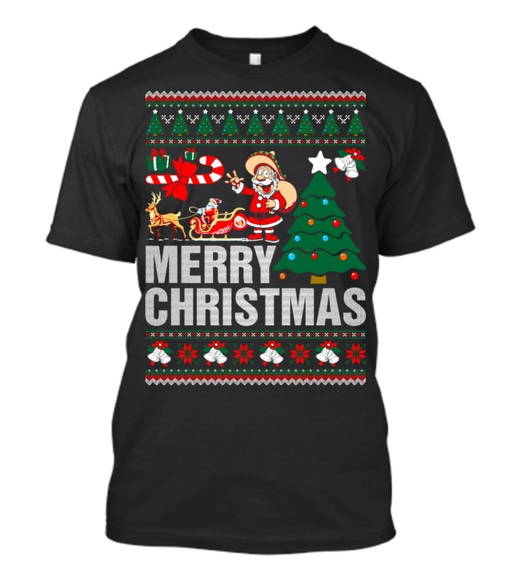 Merry Christmas Santa Claus Sleigh Reindeer Christmas Tree Bells Ugly T-Shirt