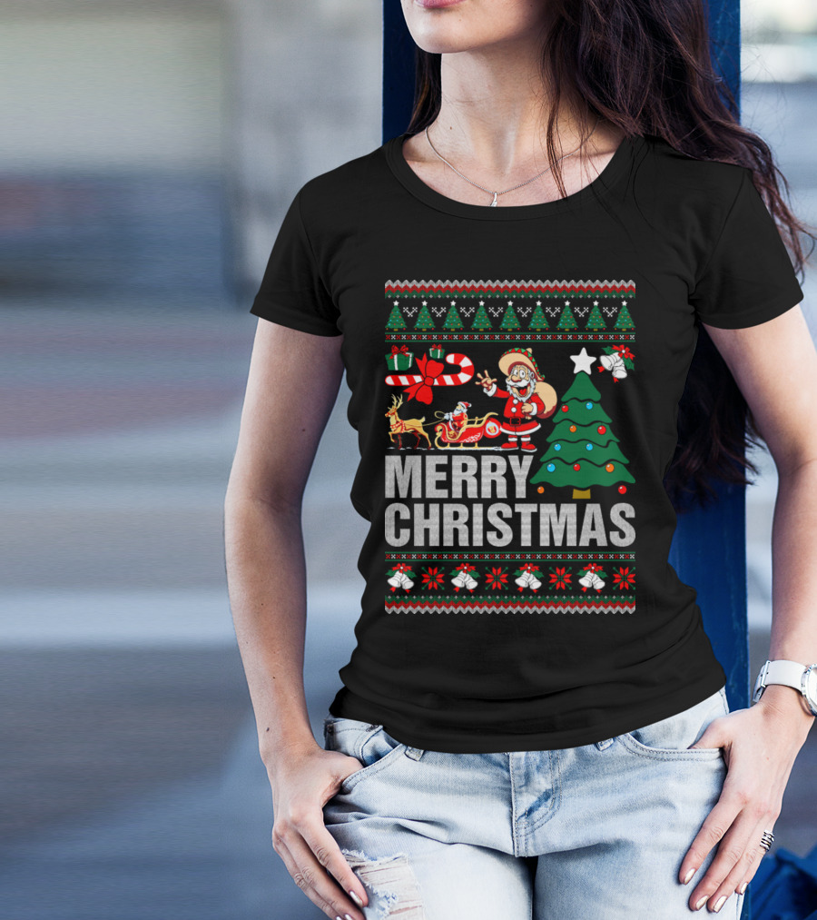 Merry Christmas Santa Claus Sleigh Reindeer Christmas Tree Bells Ugly T-Shirt