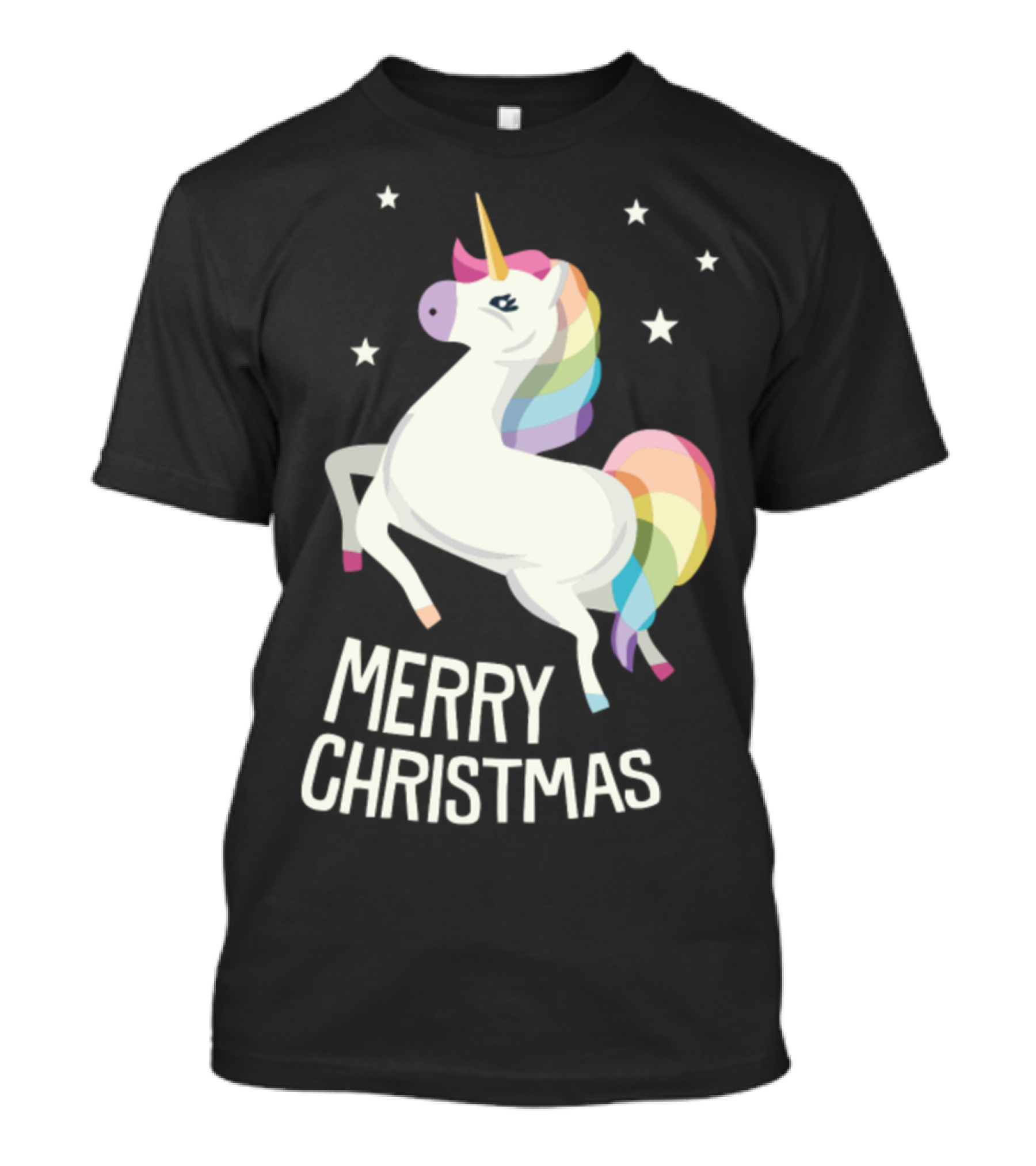 Merry Christmas Unicorn With Rainbow Mane And Stars T-Shirt