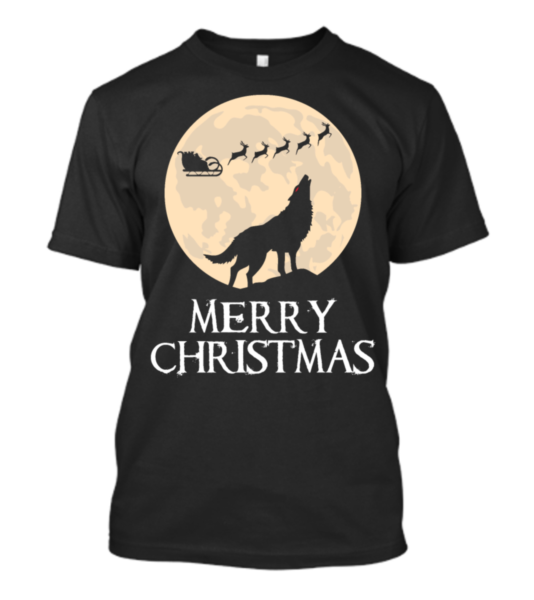 Merry Christmas Wolf Moon Santa Sleigh Reindeer T-Shirt