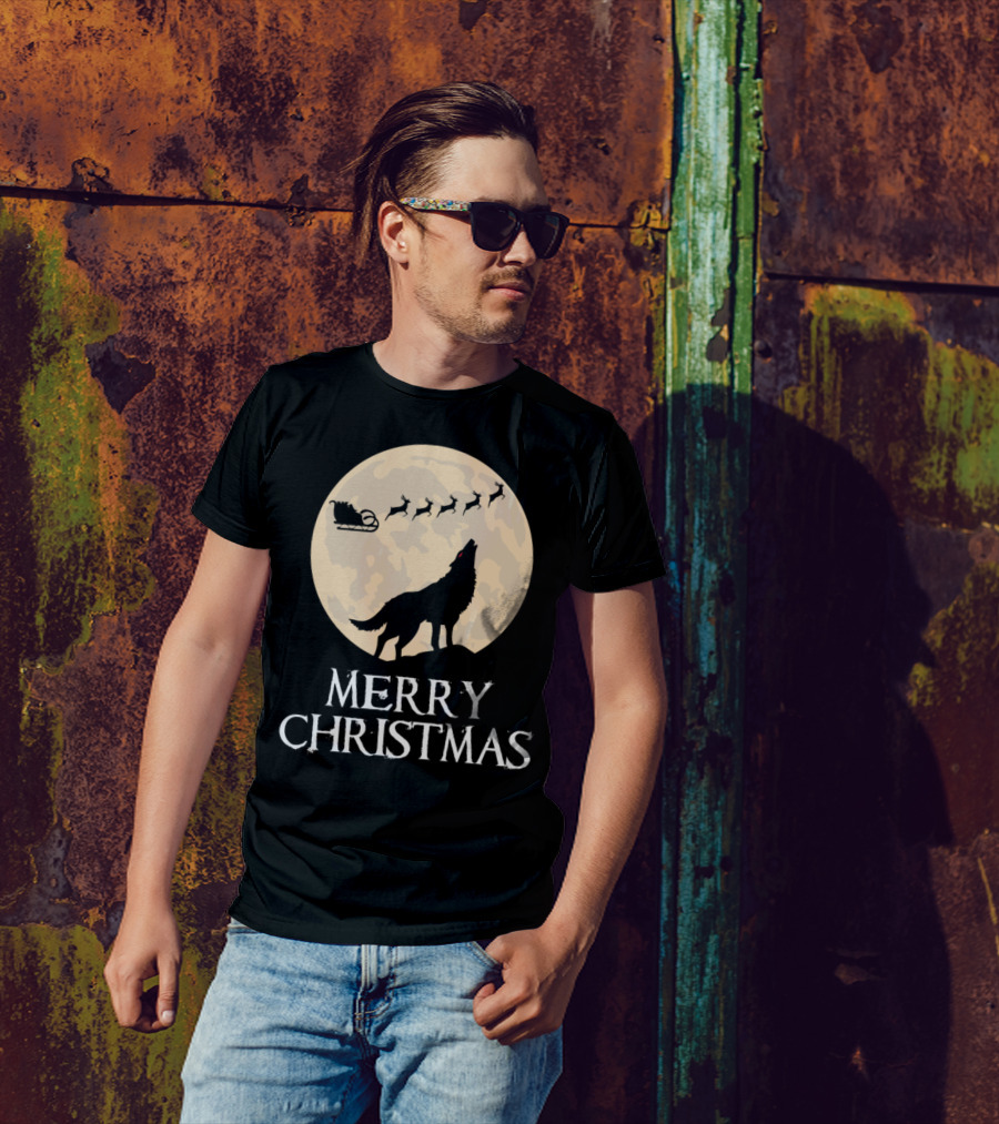 Merry Christmas Wolf Moon Santa Sleigh Reindeer T-Shirt