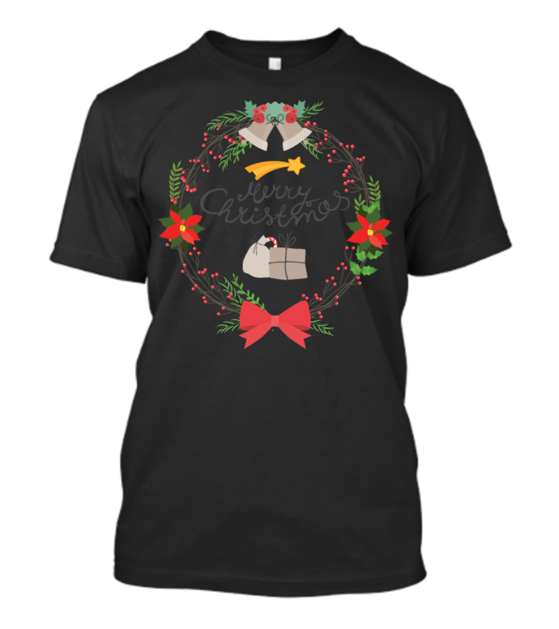 Merry Christmas Wreath With Bells Poinsettia Gifts And Bow T-Shirt