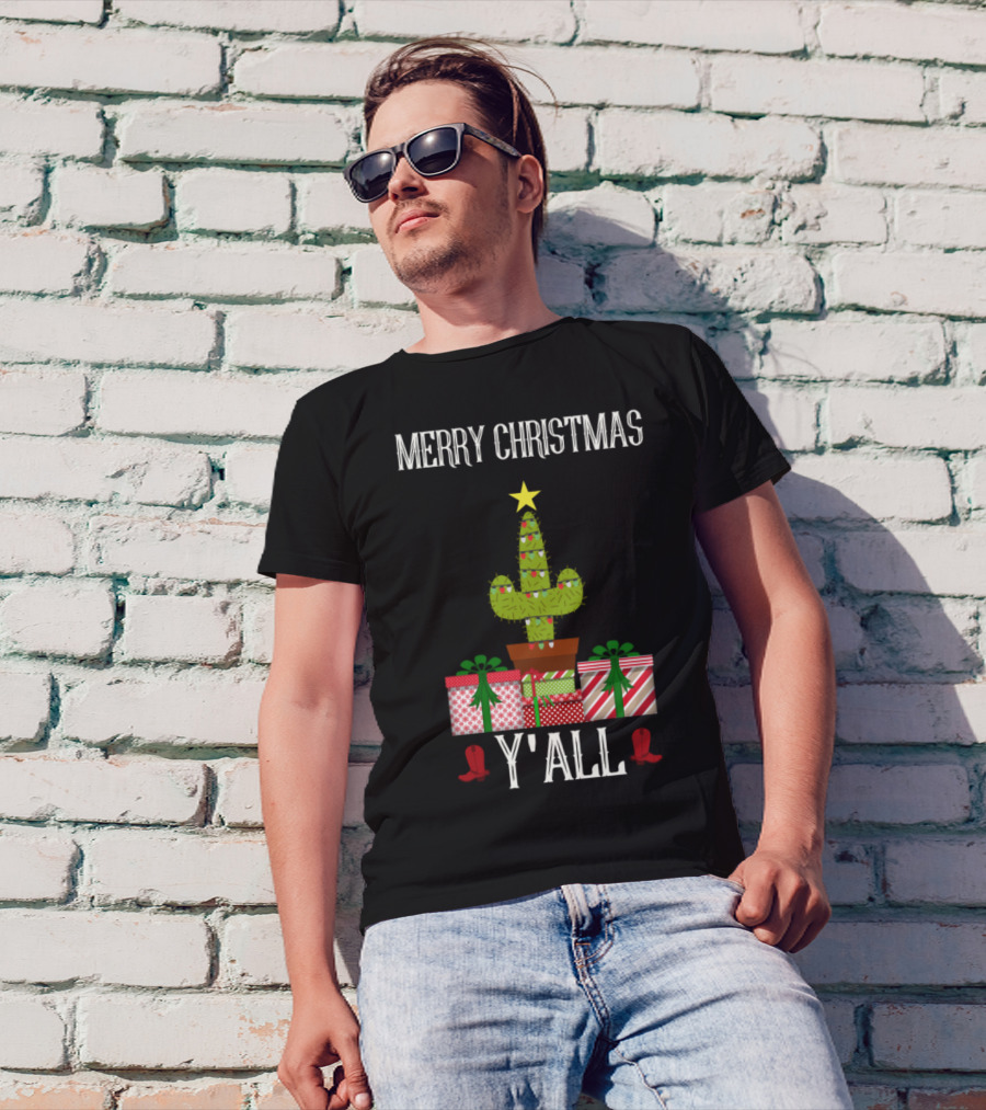 Merry Christmas Y'all Cactus Christmas Tree With Gifts And Cowboy Boots T-Shirt