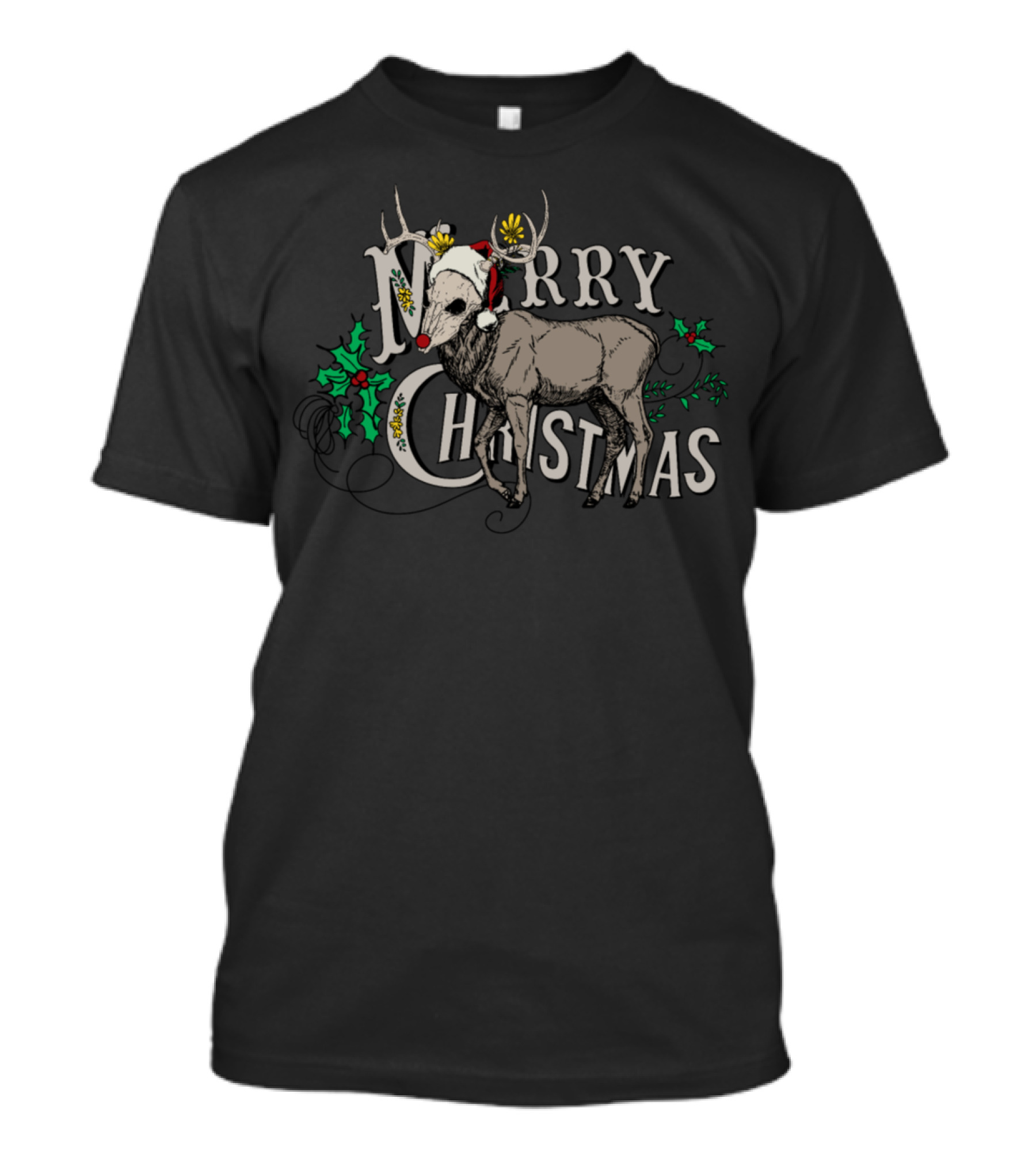 Merry Christmas Zombie Reindeer With Santa Hat And Holly T-Shirt