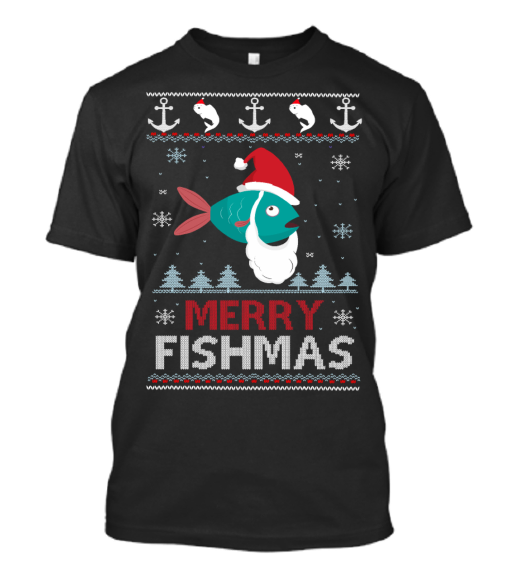 Merry Fishmas Christmas Fishing Ugly Sweater Design With Santa Fish And Holiday Anchors T-Shirt