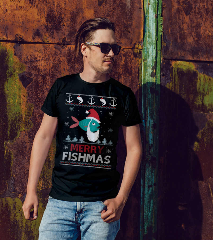 Merry Fishmas Christmas Fishing Ugly Sweater Design With Santa Fish And Holiday Anchors T-Shirt