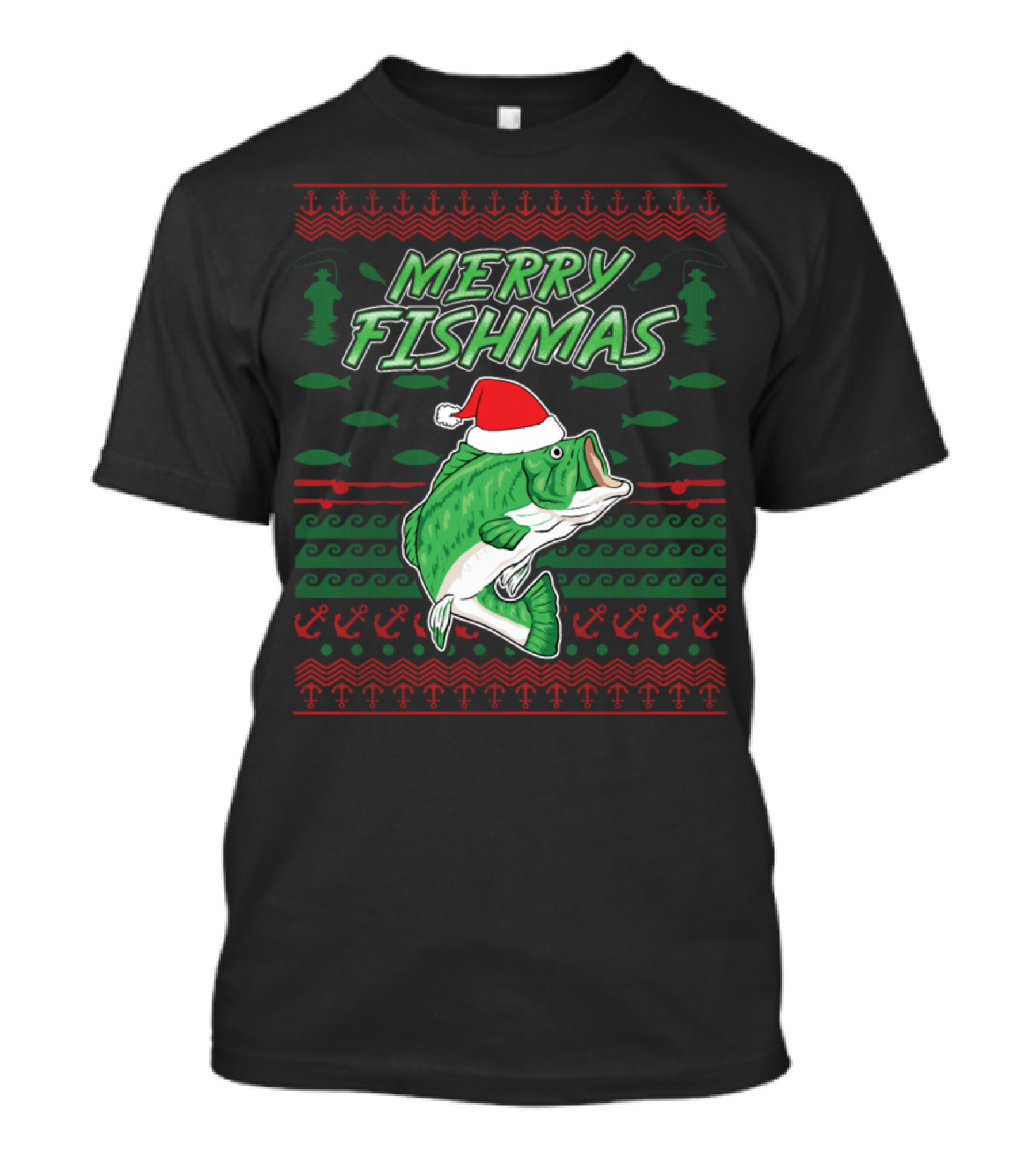 Merry Fishmas Christmas Fishing Ugly Sweater Style With Santa Hat Bass T-Shirt