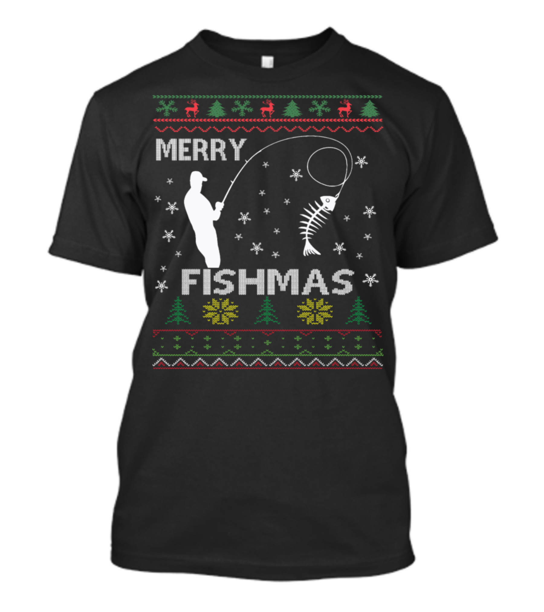 Merry Fishmas Fishing Ugly Christmas Sweater Fishing Pole Snowflakes T-Shirt