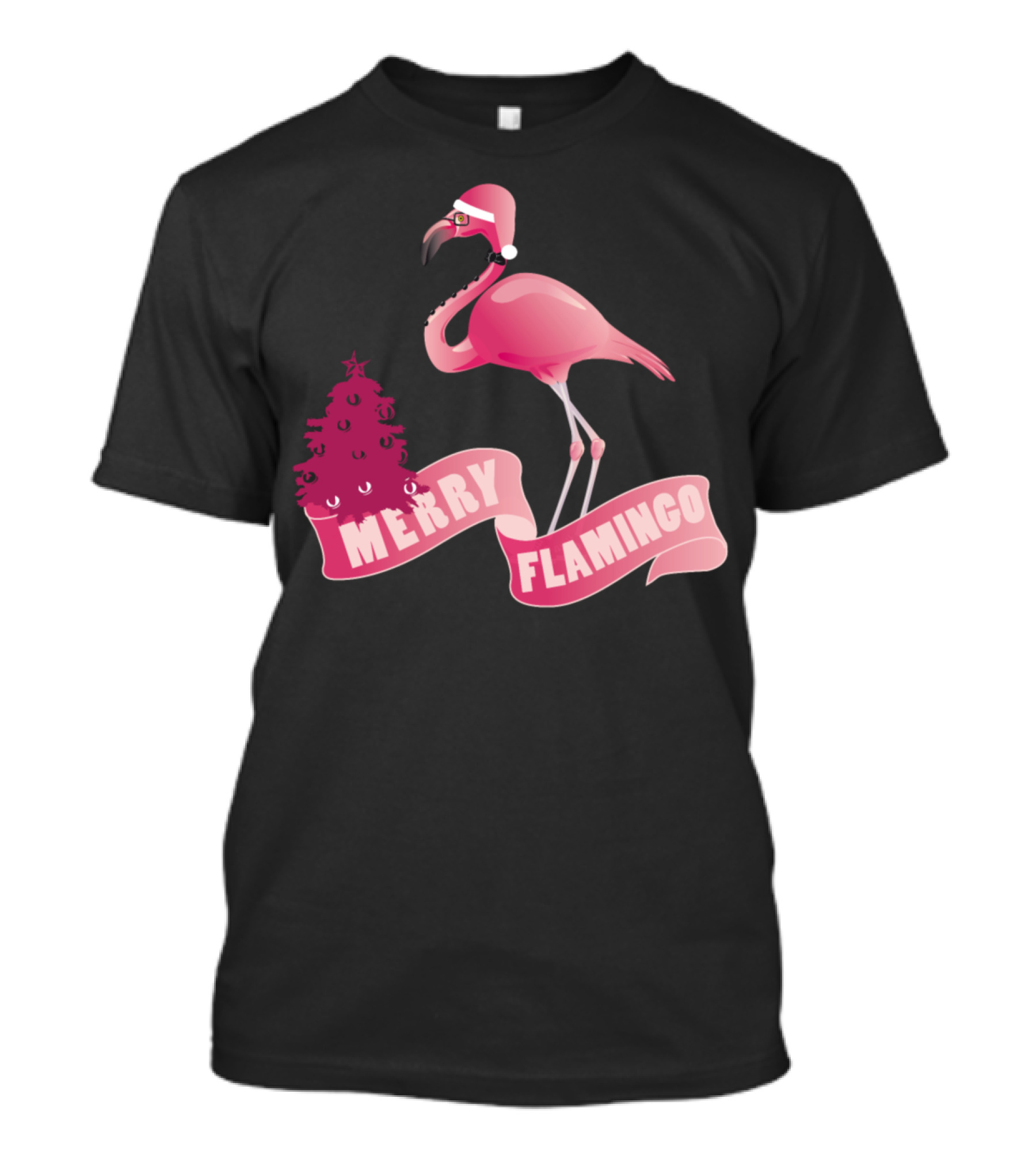 Merry Flamingo Christmas Santa Hat Pink Tree T-Shirt