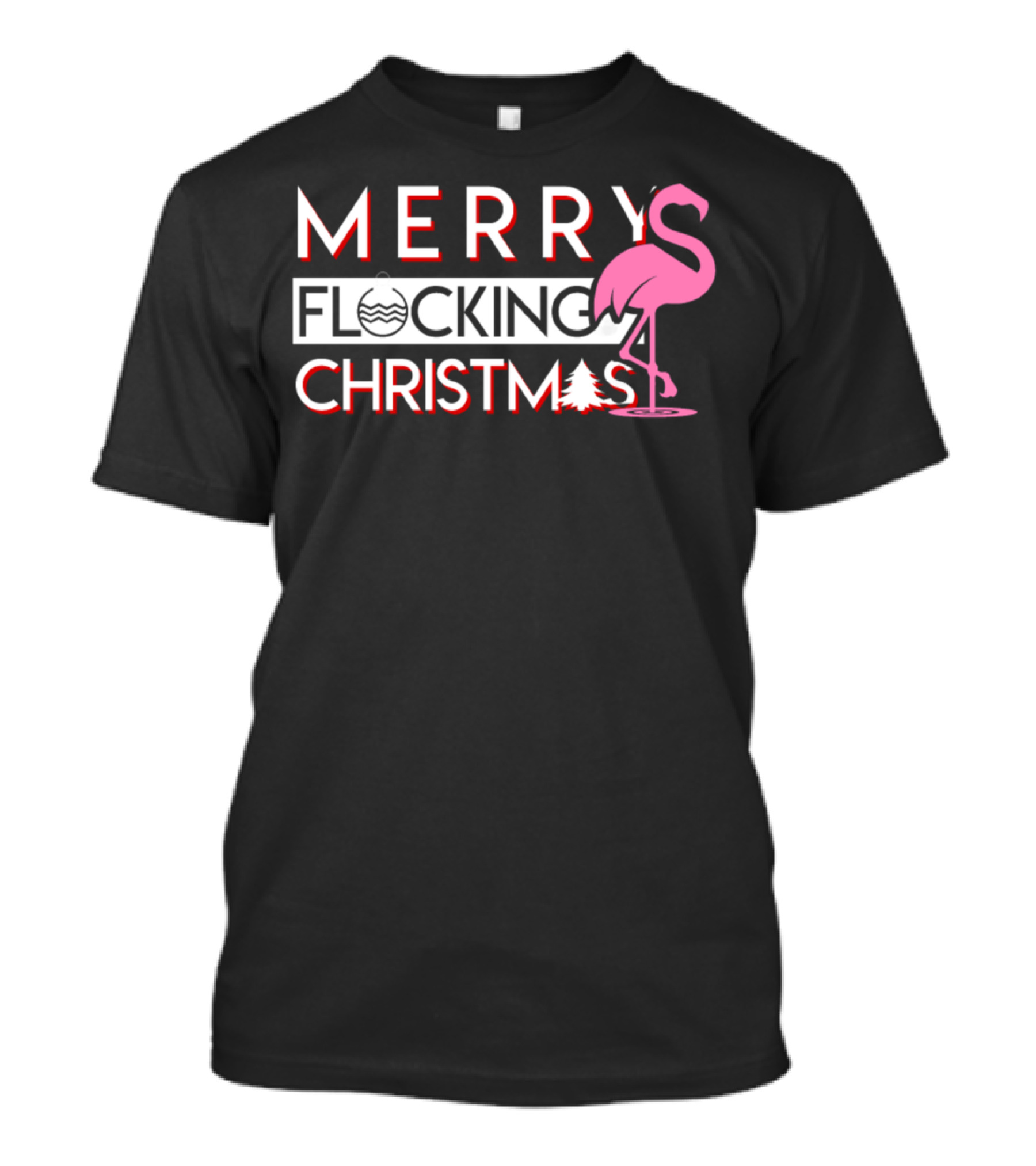 Merry Flocking Christmas Pink Flamingo Tree T-Shirt