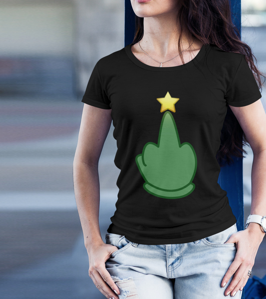 Merry Frickin Emoji Middle Finger Christmas Tree With Star T-Shirt