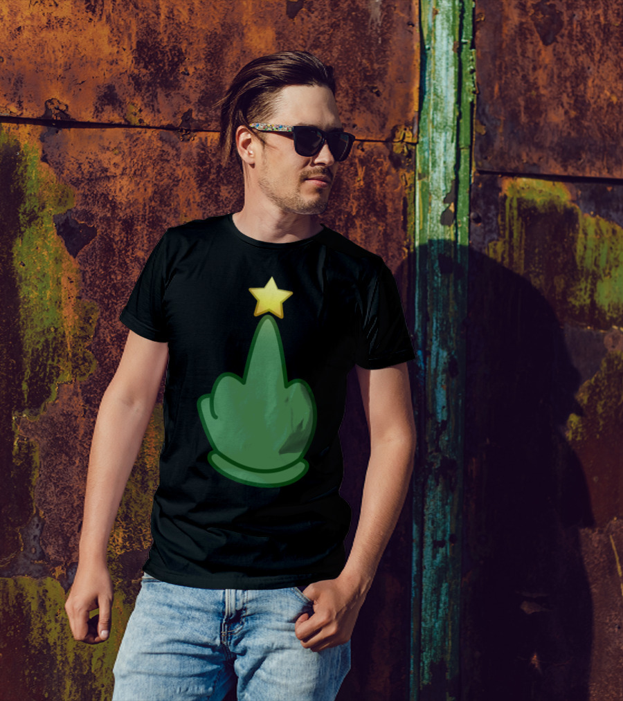 Merry Frickin Emoji Middle Finger Christmas Tree With Star T-Shirt