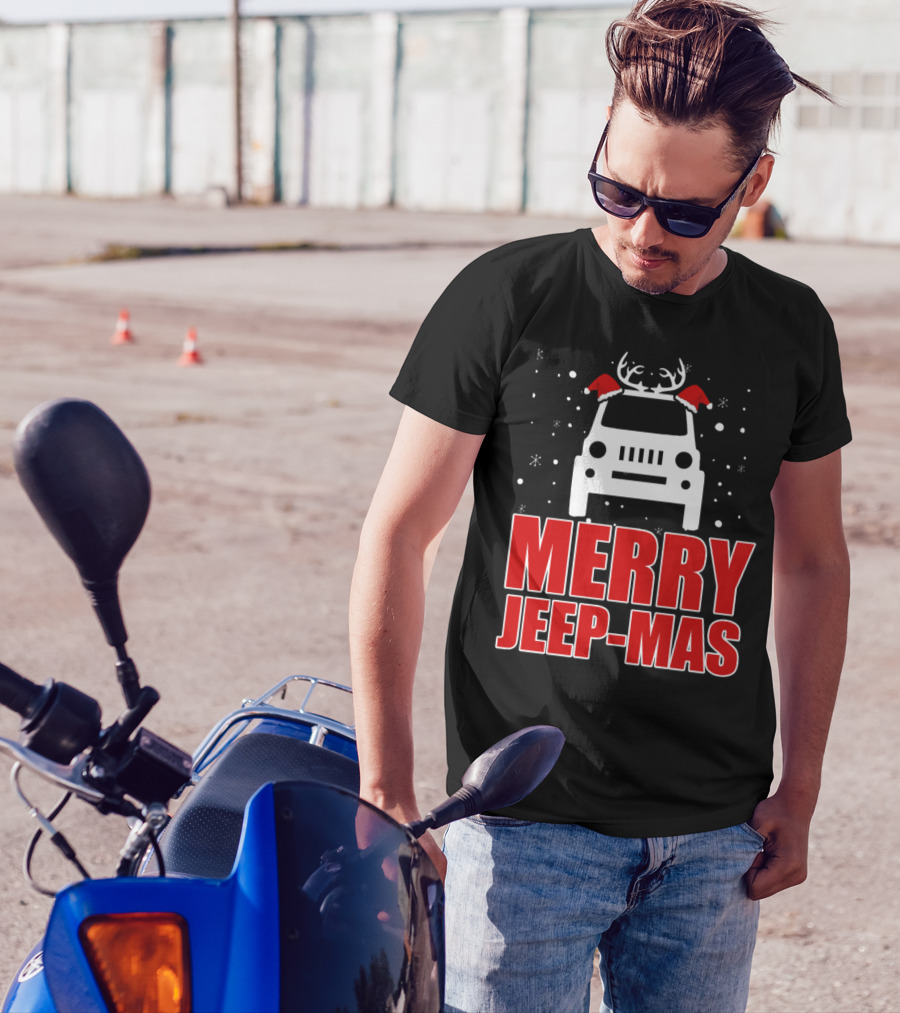 Merry Jeep-Mas Christmas Jeep Reindeer With Antlers And Santa Hats T-Shirt