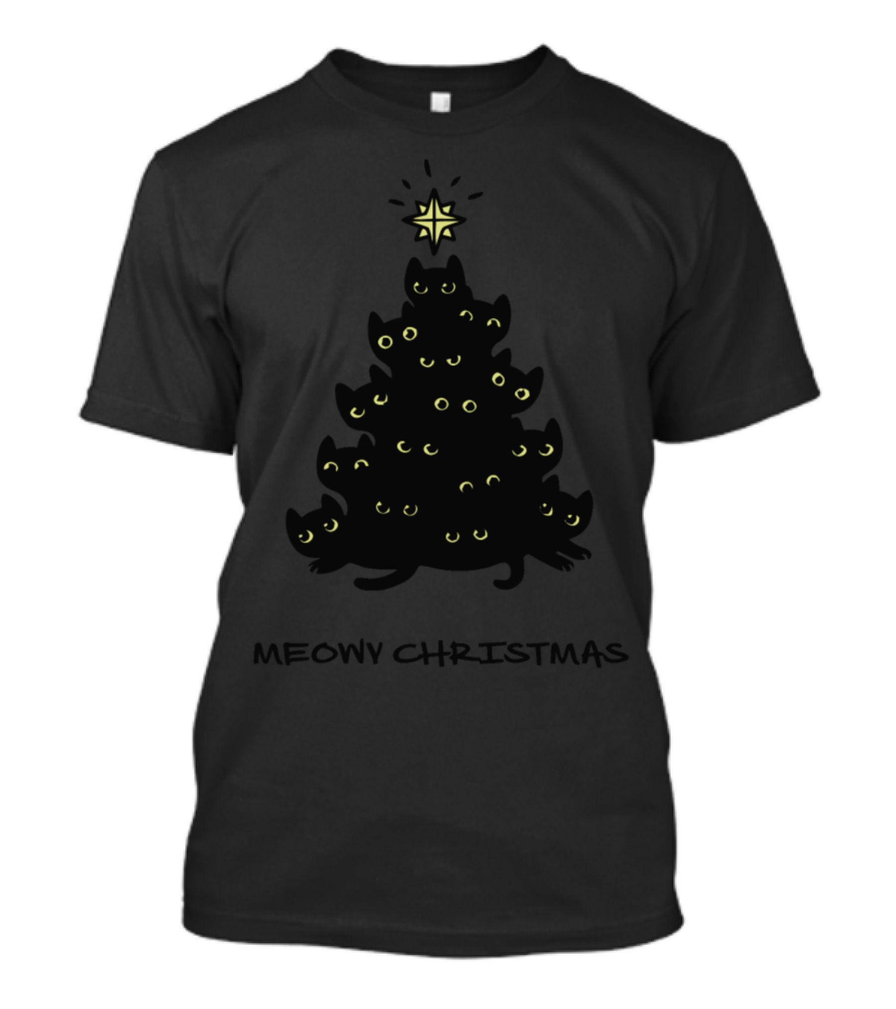 Meowy Christmas Tree Cat With Star And Yellow Eyes T-Shirt