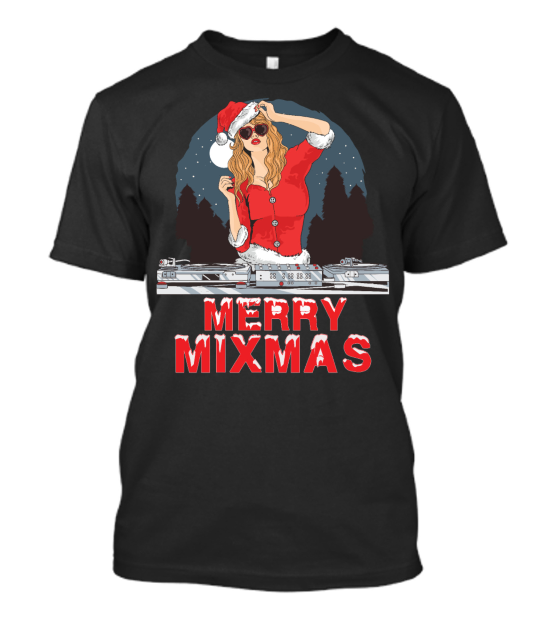 Merry Mixmas Santa Claus DJ Christmas Party With Festive Holiday Turntable Scene T-Shirt