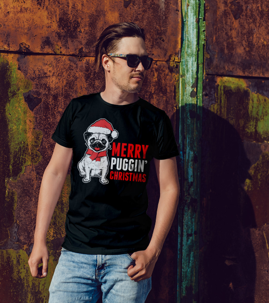 Merry Puggin' Christmas Santa Hat Pug T-Shirt