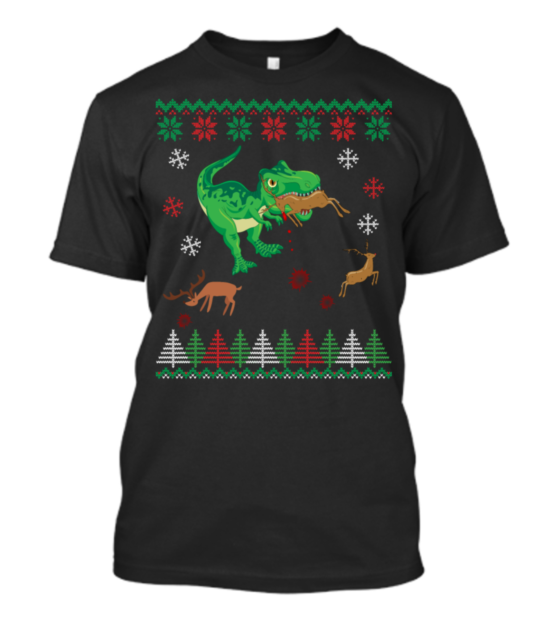 Merry Rexmas Dinosaur Ugly Christmas Sweater With Reindeer And Snowflakes T-Shirt