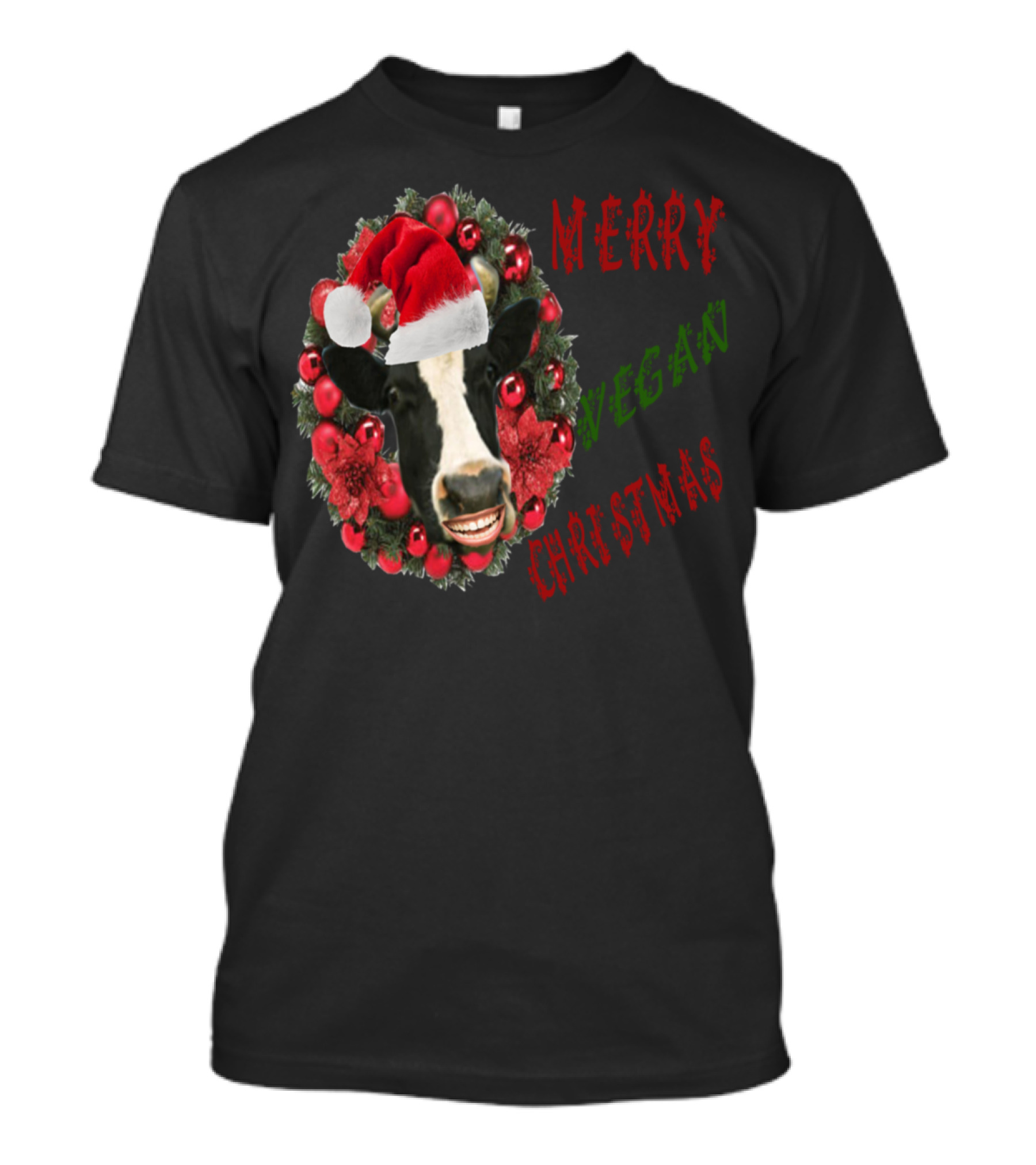 Merry Vegan Christmas Cow With Santa Hat Wreath T-Shirt