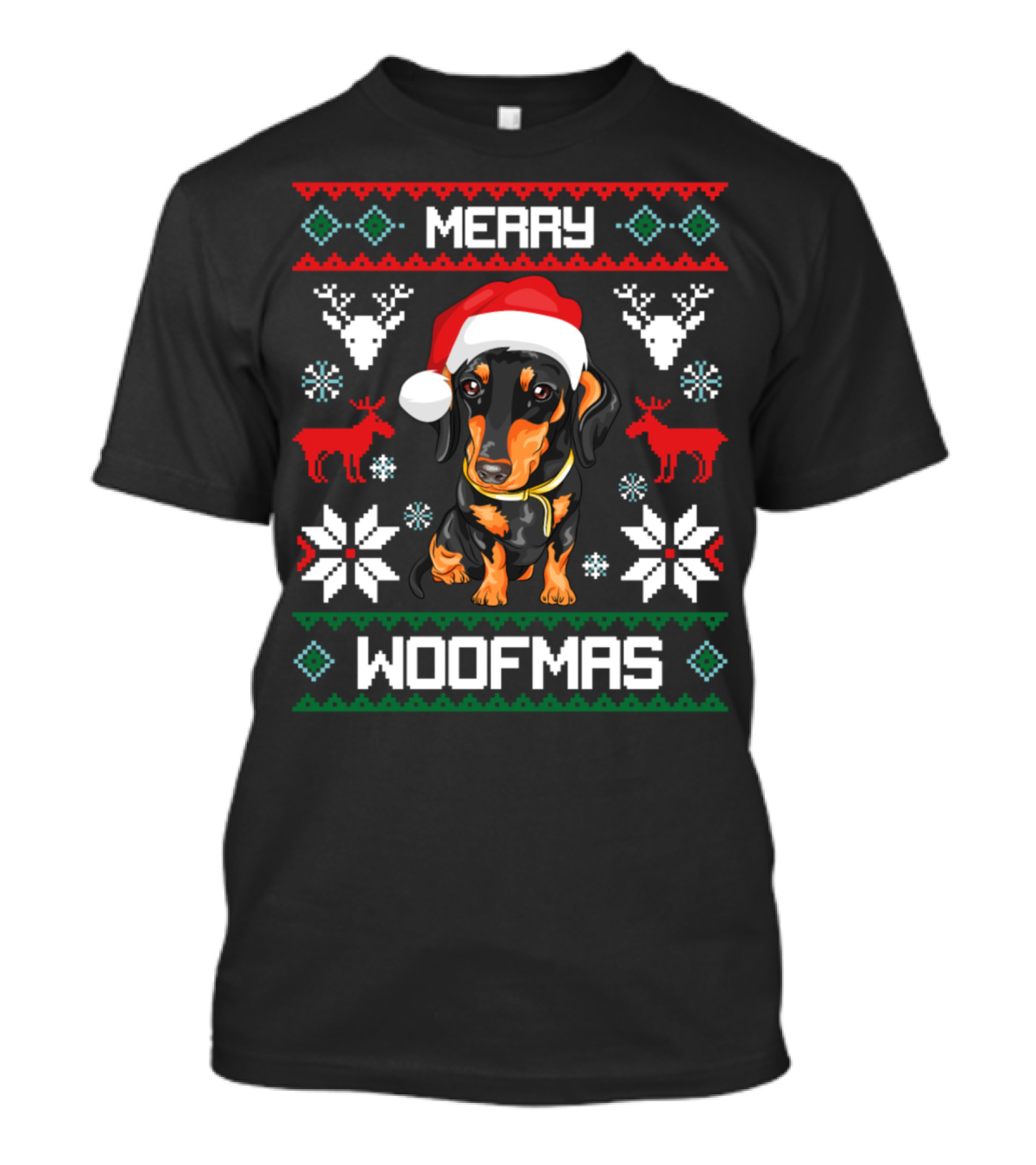 Merry Woofmas Dachshund Ugly Christmas Sweater Reindeer Santa Hat T-Shirt